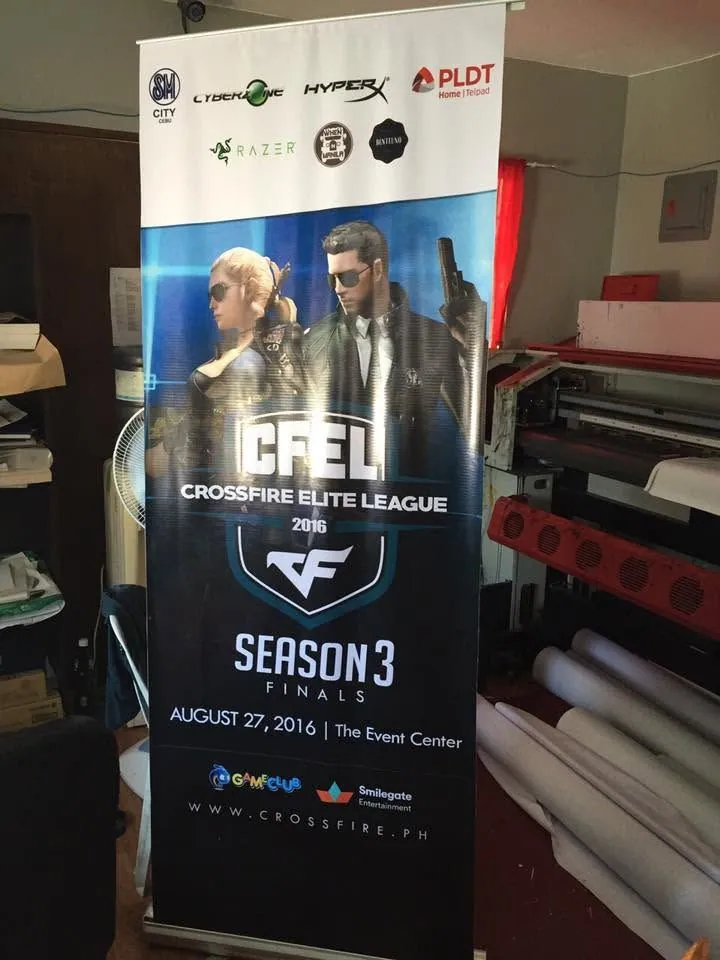 Crossfire Elite League roll-up banner, fresh off MCAV's printer