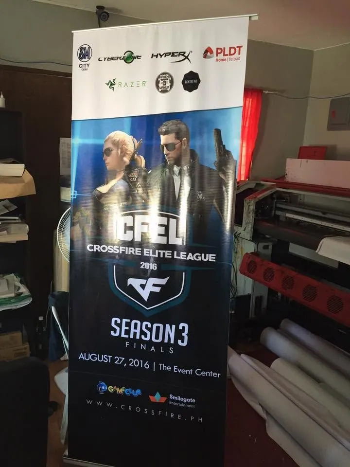 Crossfire Elite League roll-up banner, fresh off MCAV's printer