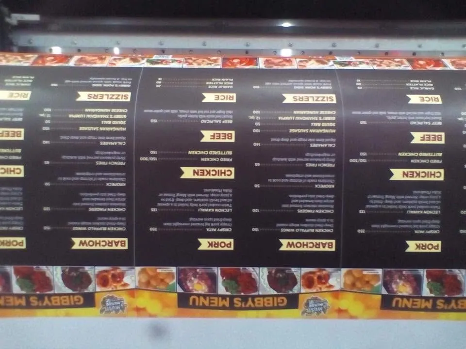 Gibby's menu, fresh off MCAV's printer