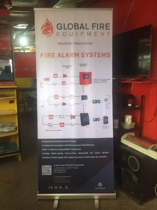 Global Fire Equipment roll-up banner, printed and installed by MCAV