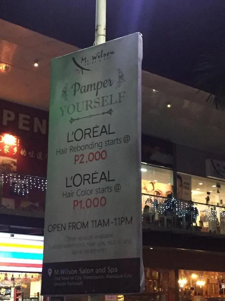 M. Wilson Salon and Spa framed tarpaulin at City Time Square, Mandaue City, printed and installed by MCAV
