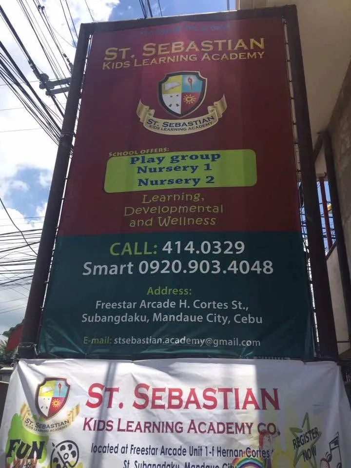 St. Sebastian Kids Learning Academy framed tarpaulin at Freestar Arcade, H. Cortes St., Subangdaku, Mandaue City, printed and installed by MCAV
