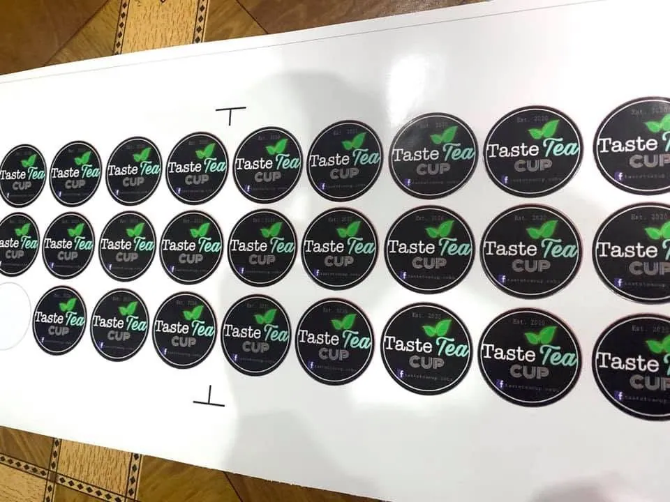 Taste Tea Cup die-cut stickers, fresh off MCAV's printer