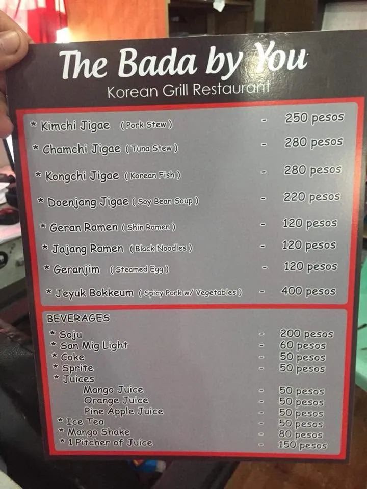 The Bada by You menu, fresh off MCAV's printer