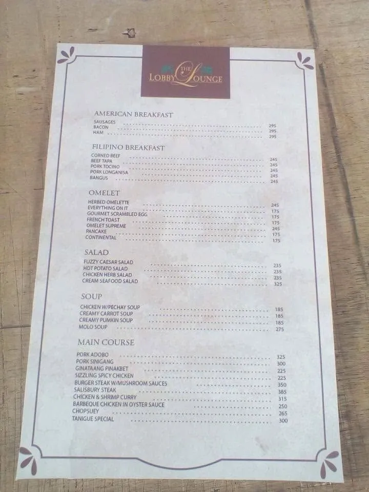 The Lobby Lounge menu, fresh off MCAV's printer